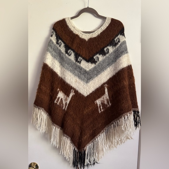 Vintage Handmade Alpaca/Wool Poncho – Brown, Cream & Gray with Fringe - Picture 2 of 3